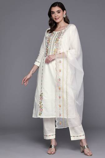 Women embroidered thread work cotton kurta with trousers & with dupatta