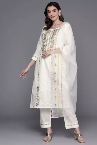 Women embroidered thread work pure cotton kurta with trousers & with dupatta