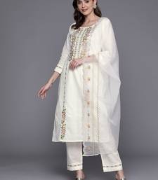 Women embroidered thread work cotton kurta with trousers & with dupatta