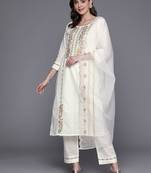 Women embroidered thread work cotton kurta with trousers & with dupatta