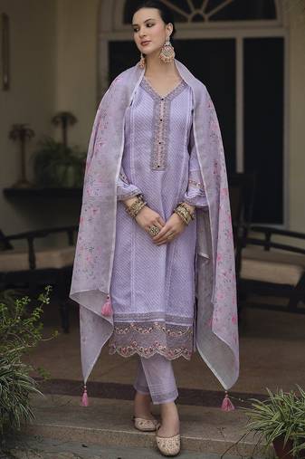Lavender & pink floral embroidered thread work linen kurta set