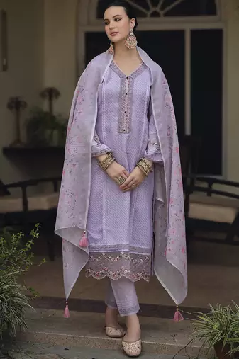 Lavender & pink floral embroidered thread work linen kurta set