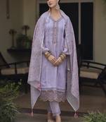 Lavender & pink floral embroidered thread work linen kurta set