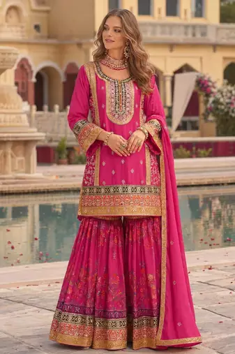 Rani-pink chinon readymade palazzo suit with codding dori & sequence work