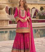 Rani-pink chinon readymade palazzo suit with codding dori & sequence work