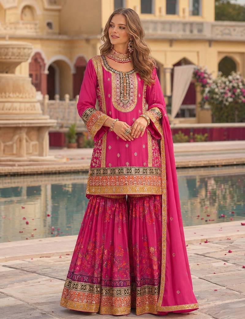 Rani-pink chinon readymade palazzo suit with codding dori & sequence work