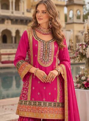 Rani-pink chinon readymade palazzo suit with codding dori & sequin work 2