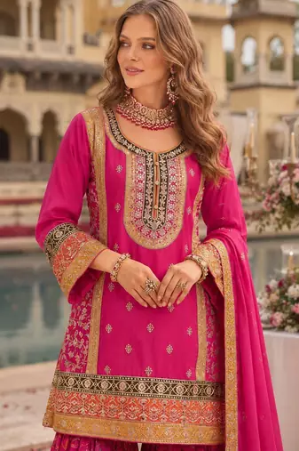 Rani-pink chinon readymade palazzo suit with codding dori & sequence work