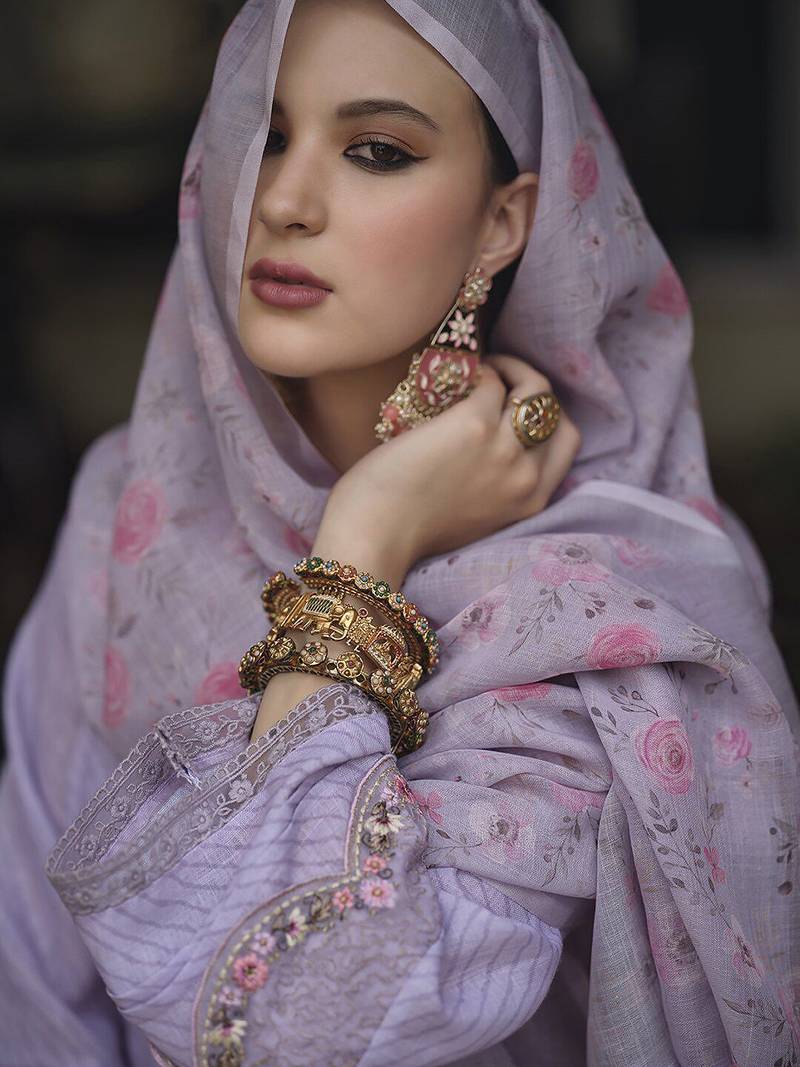 Lavender & pink floral embroidered thread work linen kurta set