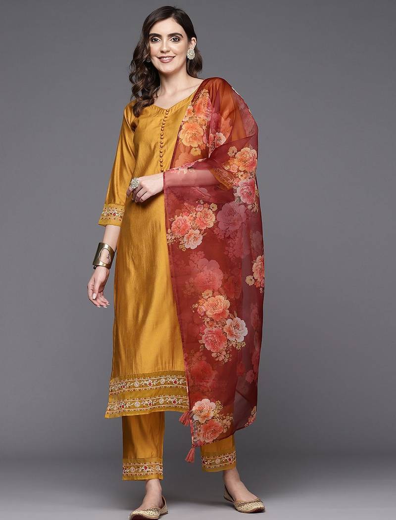 Women embroidered liva kurta with trousers & dupatta