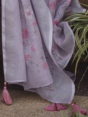 Lavender & pink floral embroidered thread work linen kurta set 3