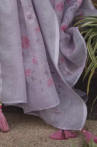 Lavender & pink floral embroidered thread work linen kurta set