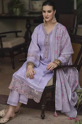 Lavender & pink floral embroidered thread work linen kurta set