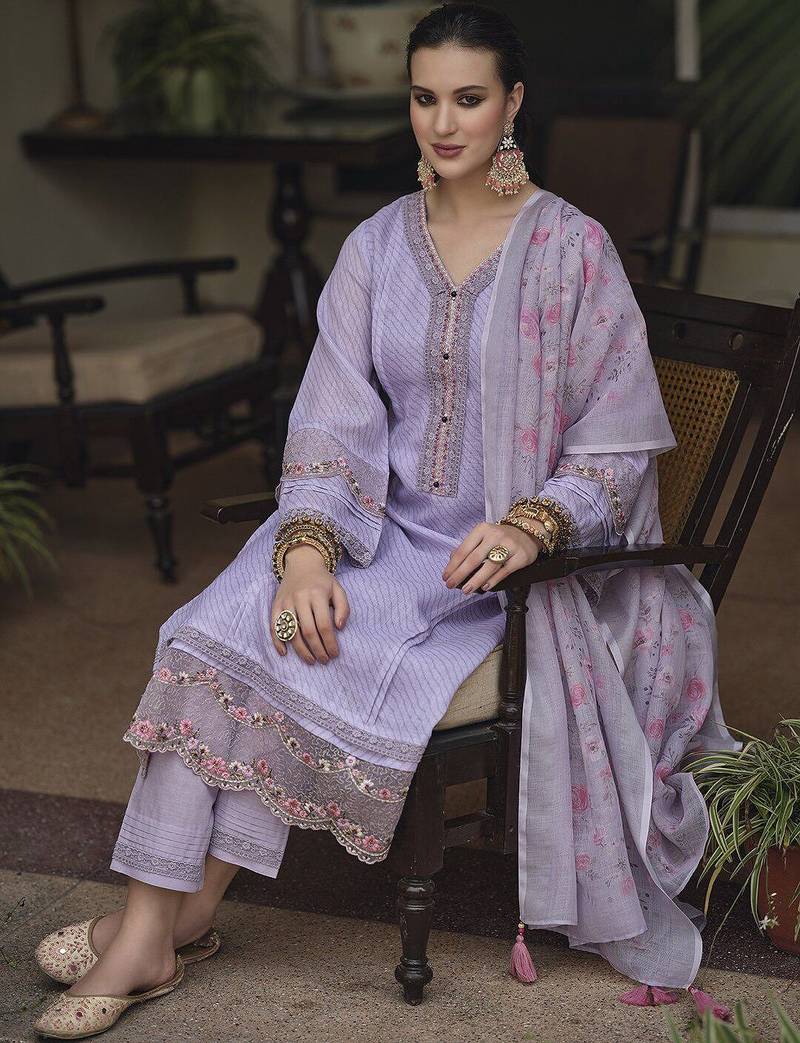 Lavender & pink floral embroidered thread work linen kurta set