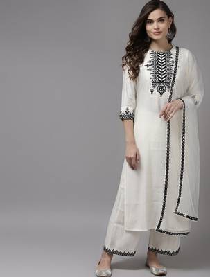 Women white yoke design kurta with palazzos & with dupatta 1