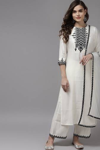 Women white yoke design regular kurta with palazzos & with dupatta