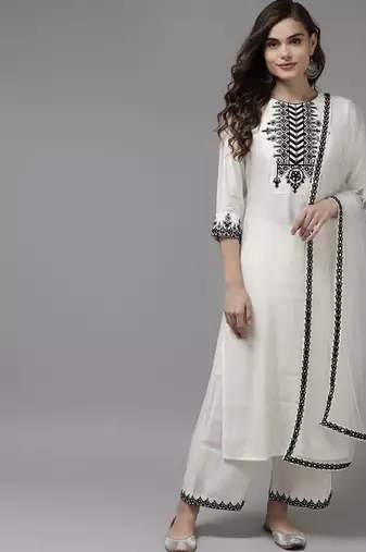 Women white yoke design regular kurta with palazzos & with dupatta