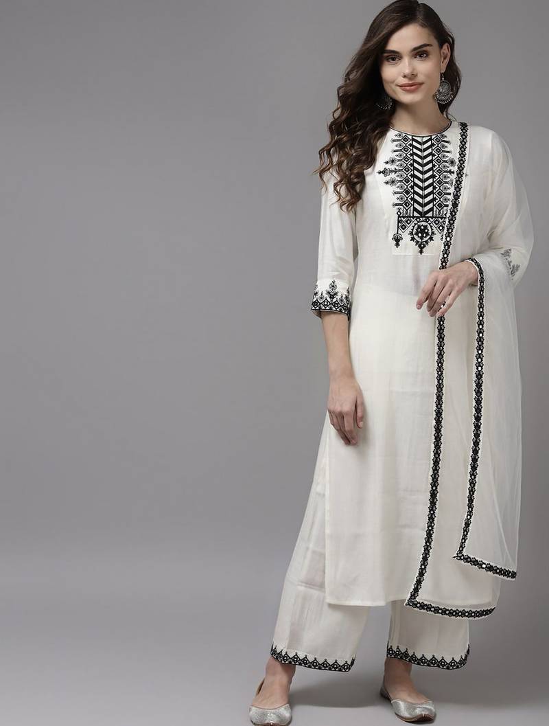 Women white yoke design regular kurta with palazzos & with dupatta