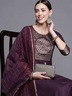 Women purple yoke design kurta with palazzos & with dupatta 2