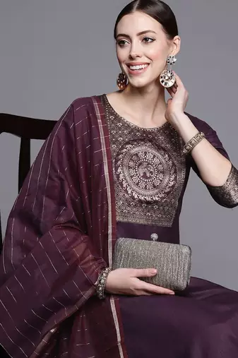 Women purple yoke design kurta with palazzos & with dupatta