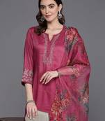 Floral embroidered thread work kurta with trousers & dupatta