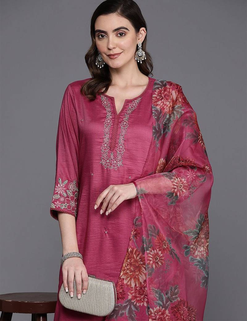 Floral embroidered thread work kurta with trousers & dupatta