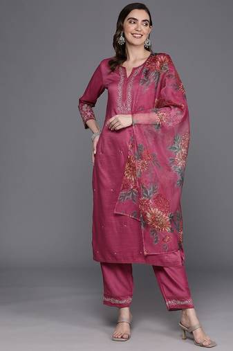 Floral embroidered thread work kurta with trousers & dupatta