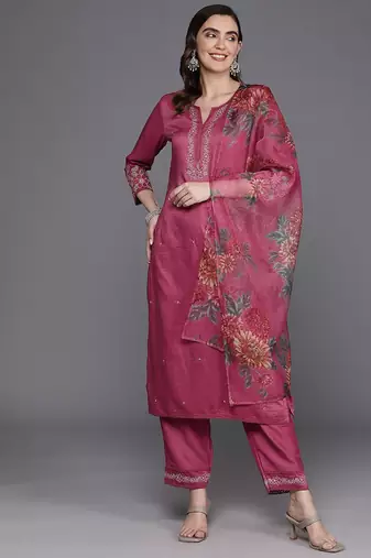 Floral embroidered thread work kurta with trousers & dupatta