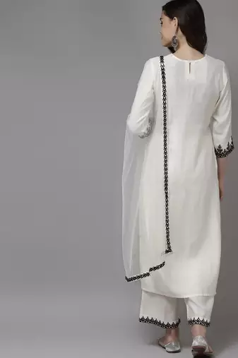 Women white yoke design regular kurta with palazzos & with dupatta