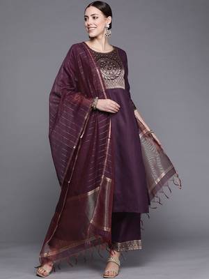 Women purple yoke design kurta with palazzos & with dupatta 1