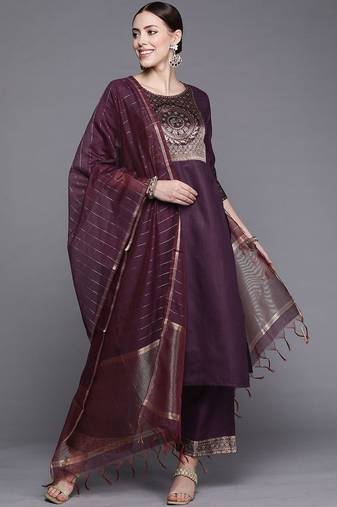 Women purple yoke design kurta with palazzos & with dupatta