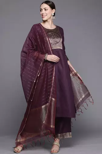 Women purple yoke design kurta with palazzos & with dupatta