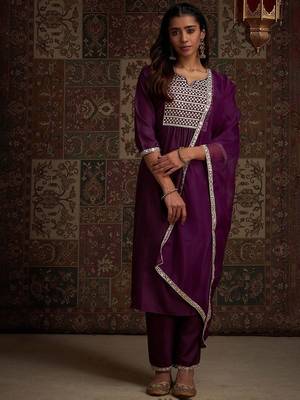 Yoke design embroidered kurta with trousers & with dupatta 1