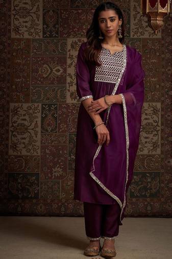 Yoke design embroidered regular kurta with trousers & with dupatta