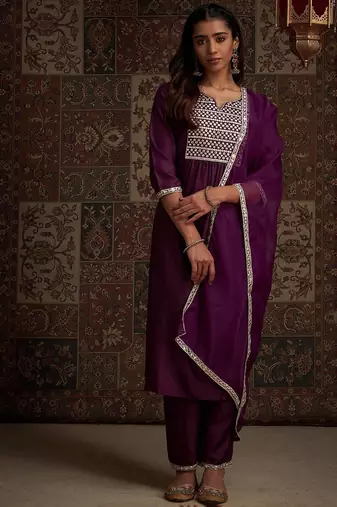 Yoke design embroidered regular kurta with trousers & with dupatta