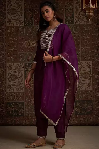 Yoke design embroidered regular kurta with trousers & with dupatta