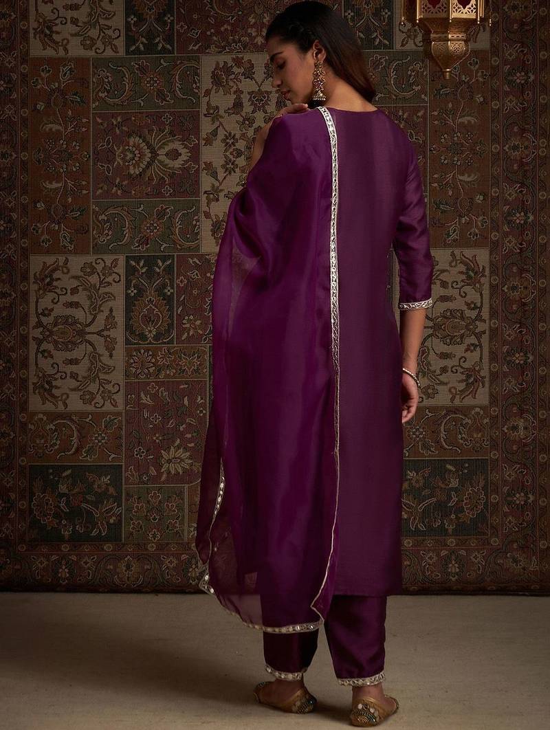 Yoke design embroidered regular kurta with trousers & with dupatta