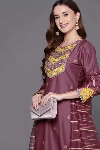 Embroidered regular sequinned kurta with trousers & dupatta