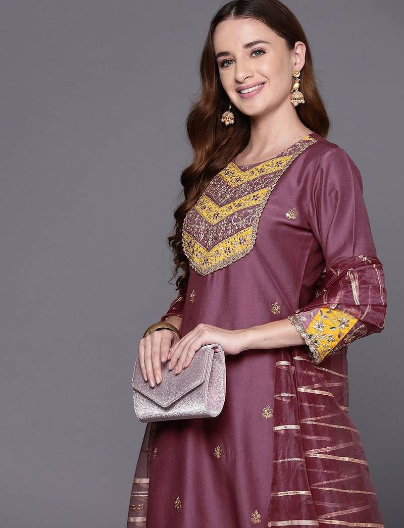 Embroidered regular sequinned kurta with trousers & dupatta