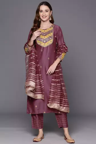 Embroidered regular sequinned kurta with trousers & dupatta