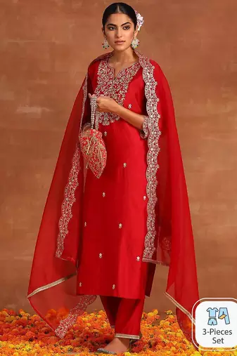 Floral embroidered regular sequinned kurta with palazzos & dupatta