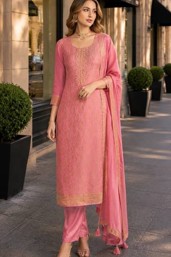 Peach viscose lotus simmer semi stitched suit with jacquard work