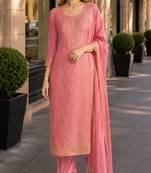 Peach viscose lotus simmer semi stitched suit with jacquard work
