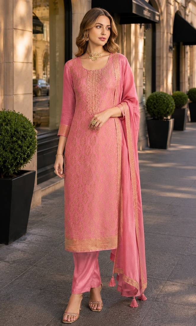 Peach viscose lotus simmer semi stitched suit with jacquard work