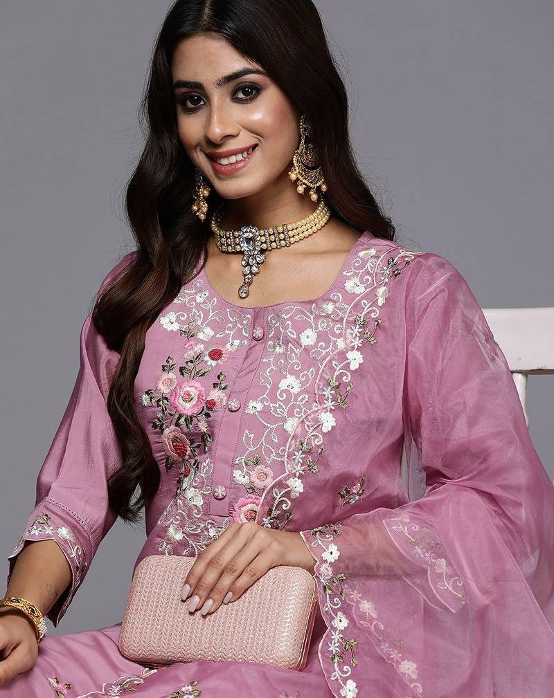 Women floral embroidered regular sequinned kurta with trousers & dupatta