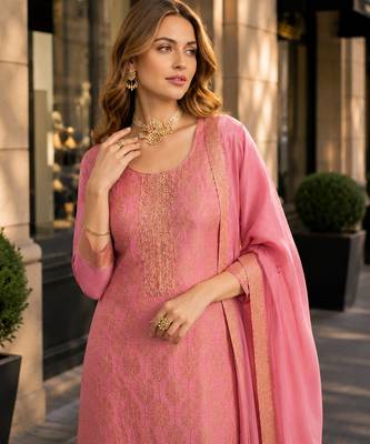 Peach viscose lotus simmer suit with jacquard work 2