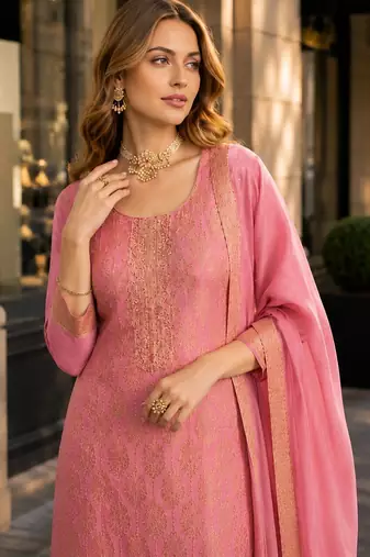 Peach viscose lotus simmer semi stitched suit with jacquard work