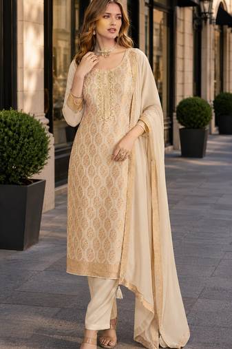 Beige viscose lotus simmer semi stitched suit with jacquard work