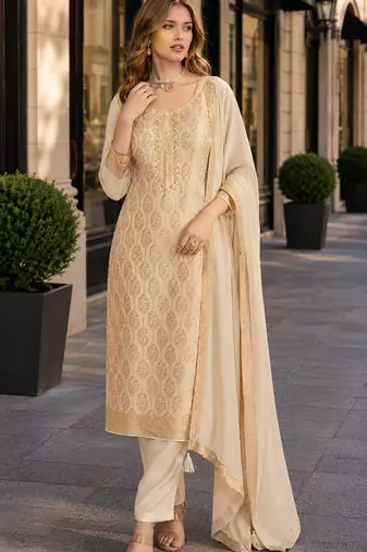 Beige viscose lotus simmer semi stitched suit with jacquard work