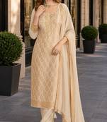 Beige viscose lotus simmer semi stitched suit with jacquard work